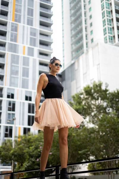 Tall model (6ft) wearing the champagne tutu