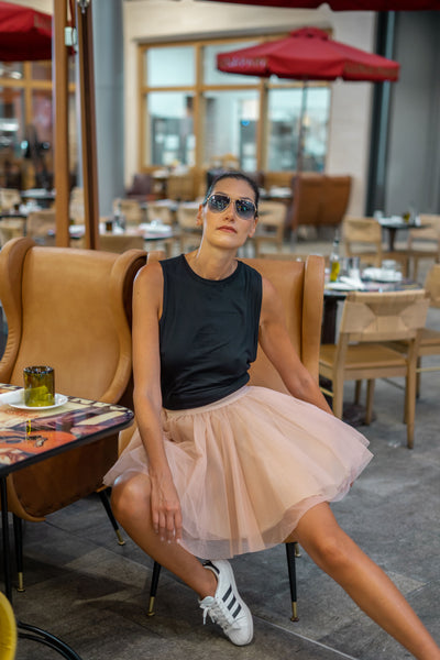 Tall model (6ft) wearing the champagne tutu