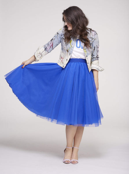 model wearing a beautiful blue Midi tutu tulle skirt by Sylvie Muller