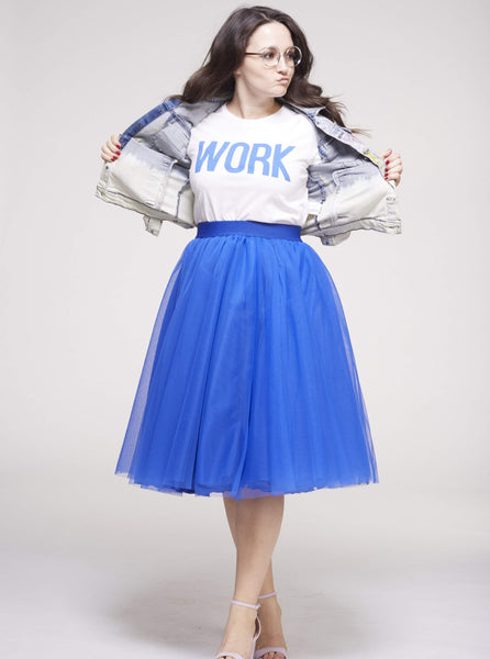 model wearing a beautiful blue Midi tutu tulle skirt by Sylvie Muller