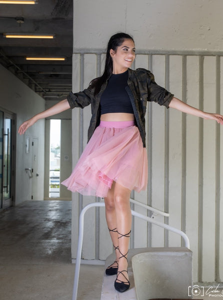 Fashion model wearing the Mini Vieux Rose tutu tulle skirt 