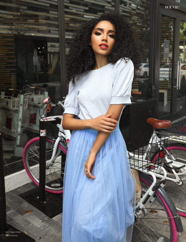 Model wearing the Long Light Blue tulle skirt 