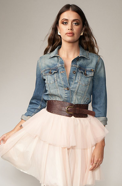 Model wearing the Carrie tulle skirt in Champagne