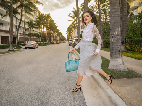 Woman wearing a Long Light Gray tulle skirt 