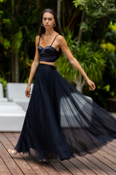 Fashion model wearing a black Gala tulle skirt