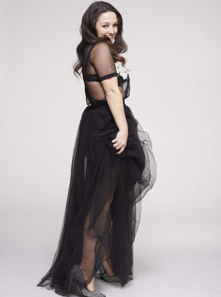 woman wearing a black Gala tulle skirt
