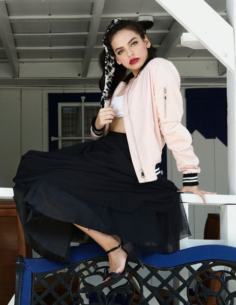Model wearing a Midi mid-calf tulle skirt