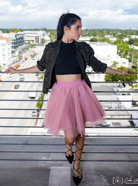 Fashion model wearing the Mini Vieux Rose tutu tulle skirt 
