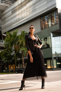 Very tall model wearing the Long Black tulle skirt