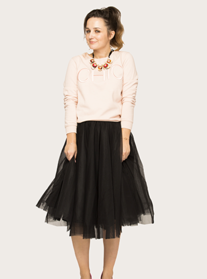 Model wearing a Midi mid-calf tulle skirt