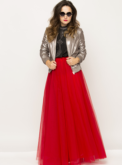 A beautiful  tall woman wearing a Red Gala tulle skirt
